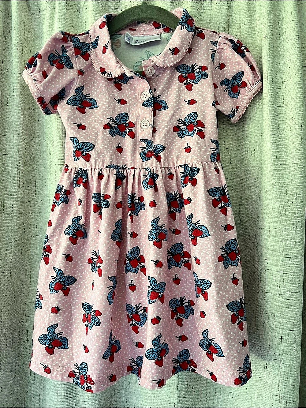 Rachel Riley Girls 2Y Pink Strawberry Print Peter Pan Collar Dress